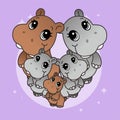 Hippopotamus Family, Cute Cartoon Funny Character, Flat Design