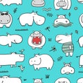 Hippopotamus family, cute hippo characters. Seamless Pattern Background for your design Royalty Free Stock Photo