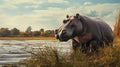 Hippopotamus Grazing In African Field - Stunning Octane Render Image