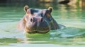 Hippopotamus in green lake water open muzzle. Hippo waiting food in zoo. generative ai