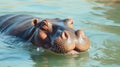 Hippopotamus in green lake water open muzzle. Hippo waiting food in zoo. generative ai