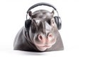 Hippopotamus With Headphones On White Background. Generative AI