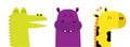 Hippopotamus hippo Giraffe Alligator crocodile face head icon. Kawaii animal set. Cute cartoon funny baby character. Long neck.