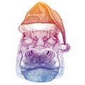 Hippopotamus, hippo. Vector animal wearing Santa Claus Christmas hat. Print for children. Kids illustration for posters Royalty Free Stock Photo