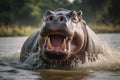 A hippopotamus with its mouth wide open in a body of water, A hippopotamus emerging from a river with its mouth wide open, AI