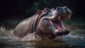 A hippopotamus with jaws open wide in a territorial defense. Generative AI