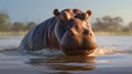 Hippopotamus in lake wate. Hippo waiting food in zoo. Specie Hippopotamus amphibius family of Hippopotamidae. Animal in