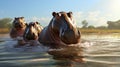 Hippopotamus in lake wate. Hippo waiting food in zoo. Specie Hippopotamus amphibius family of Hippopotamidae. Animal in