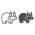 Hippopotamus line and solid icon. Cute hippo, animal standing and staring, simple silhouette. Animals vector design