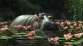 Hippopotamus in a lush pond surrounded by water lilies Royalty Free Stock Photo