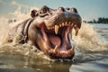 A hippopotamus pictured in the water with its mouth wide open, A hippopotamus emerging from a river with its mouth wide open, AI