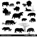 Hippopotamus and rhinoceros silhouettes set with wildlife scenes.