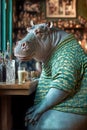 Hippopotamus sits in cafe like a man