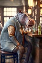 Hippopotamus sits in cafe like a man