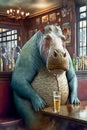 Hippopotamus sits in cafe like a man