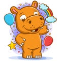 Hippopotamus standing around the balloons with the happy face