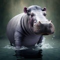 a hippopotamus standing in a body of water with its head above the water\'s surface, with its mouth o Royalty Free Stock Photo