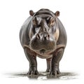 a hippopotamus standing in front of a plain white background