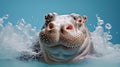 A hippopotamus swims in a tub with foam