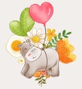 Hippopotamus was hanged with heart shape balloon and flowers .