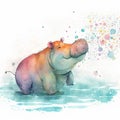 Hippopotamus watercolor illustration. Hand drawn watercolor hippo