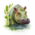 Hippopotamus. Watercolor illustration isolated on white background.