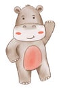 Hippopotamus . Watercolor paint design . Cute animal cartoon character . Raise hand position . Vector