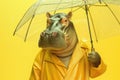 Hippopotamus in yellow raincoat with umbrella - rainy autumn day.