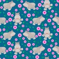 Hippos cartoon vector seamless pattern.