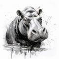 Black And White Hippopotamus Sketch With Expressive Facial Expression