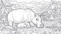 Mother and baby hippopotamus in a river, jungle background, black and white line art, coloring page Royalty Free Stock Photo