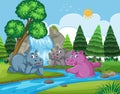 Hippos in waterfall scene