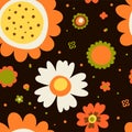 Hippy flower seamless pattern. Hippie style blossoms, retro vintage background, 60s and 70s abstract, bright colors childish cute Royalty Free Stock Photo