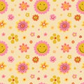 Hippy flower seamless pattern. Hippie style blossoms, retro vintage background, 60s and 70s abstract, bright colors childish cute