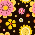 Hippy flower seamless pattern. Hippie style blossoms, retro vintage background, 60s and 70s abstract, bright colors childish cute Royalty Free Stock Photo