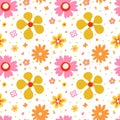 Hippy flower seamless pattern. Hippie style blossoms, retro vintage background, 60s and 70s abstract, bright colors childish cute Royalty Free Stock Photo