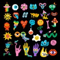 Hippy stickers. Neon psychedelic funny badges happy hallucination elements faces emoji mushrooms recent vector pictures