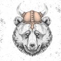 Hipster animal bear wearing a viking helmet. Hand drawing Muzzle of bear