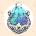 Hipster animal bear in winter hat and snowboard goggles. Hand drawing Muzzle of bear