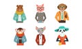 Hipster Animal with Body Dressed in Human Clothing and Garment Vector Set