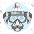 Hipster animal dog in winter hat and snowboard goggles. Hand drawing Muzzle of dog