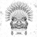 Hipster animal frog with indian feather headdress. Hand drawing Muzzle of animal frog