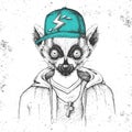 Hipster animal lemur dressed in cap like rapper. Hand drawing Muzzle of lemur
