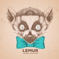 Hipster animal lemur. Hand drawing Muzzle of animal lemur