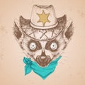 Hipster animal lemur. Hand drawing Muzzle of animal lemur