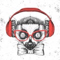 Hipster animal lemur. Hand drawing Muzzle of animal lemur