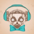 Hipster animal lemur. Hand drawing Muzzle of animal lemur