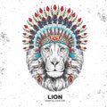Hipster animal lion with indian feather headdress. Hand drawing Muzzle of animal lion
