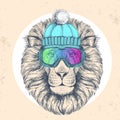 Hipster animal lion in winter hat and snowboard goggles. Hand drawing Muzzle of lion