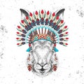 Hipster animal rabbit with indian feather headdress. Hand drawing Muzzle of animal rabbit